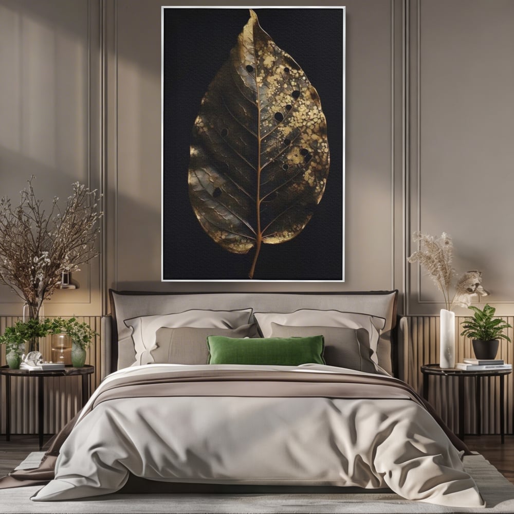 Tablou canvas cu tablou canvas cu frunza uscata, in rama de aluminiu argintiu, pe perete intr-un dormitor